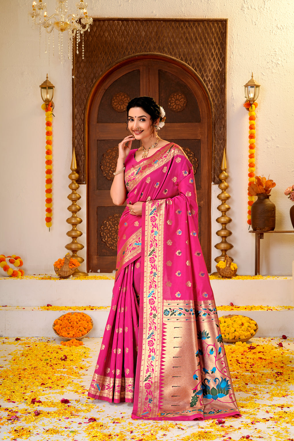 Pink Silk Woven Paithani Saree With Weaving Zari Work