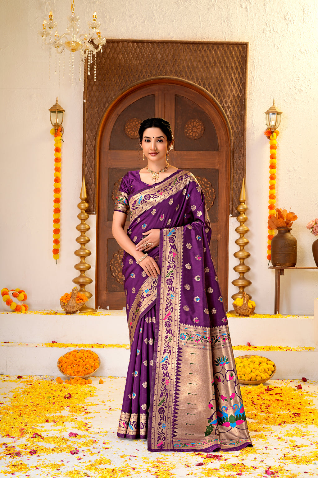 Dark Purple Silk Woven Paithani Saree With Weaving Zari Work