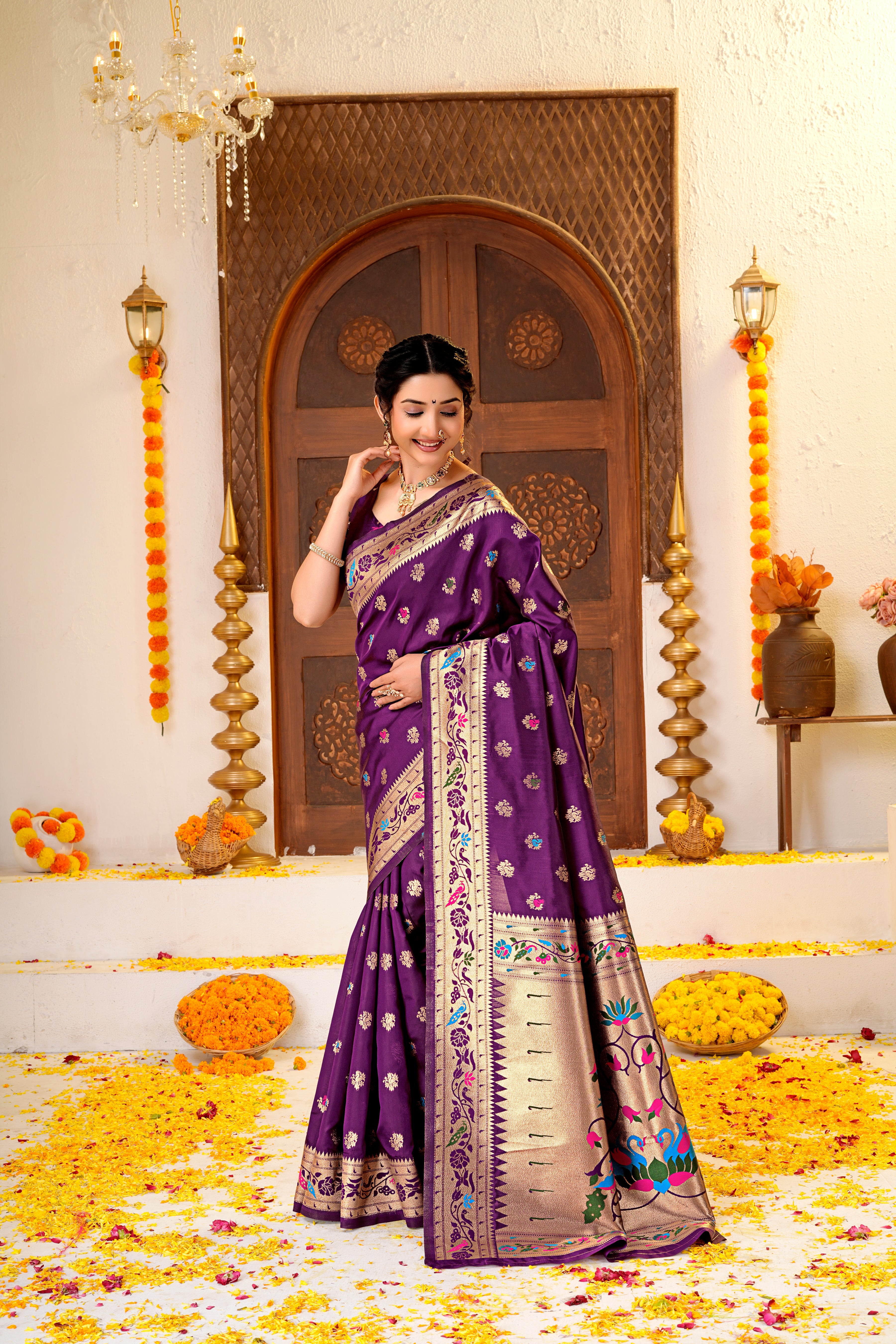 Dark Purple Silk Woven Paithani Saree With Weaving Zari Work