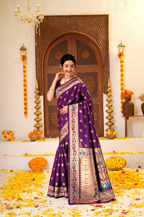 Dark Purple Silk Woven Paithani Saree With Weaving Zari Work