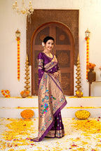 Dark Purple Silk Woven Paithani Saree With Weaving Zari Work