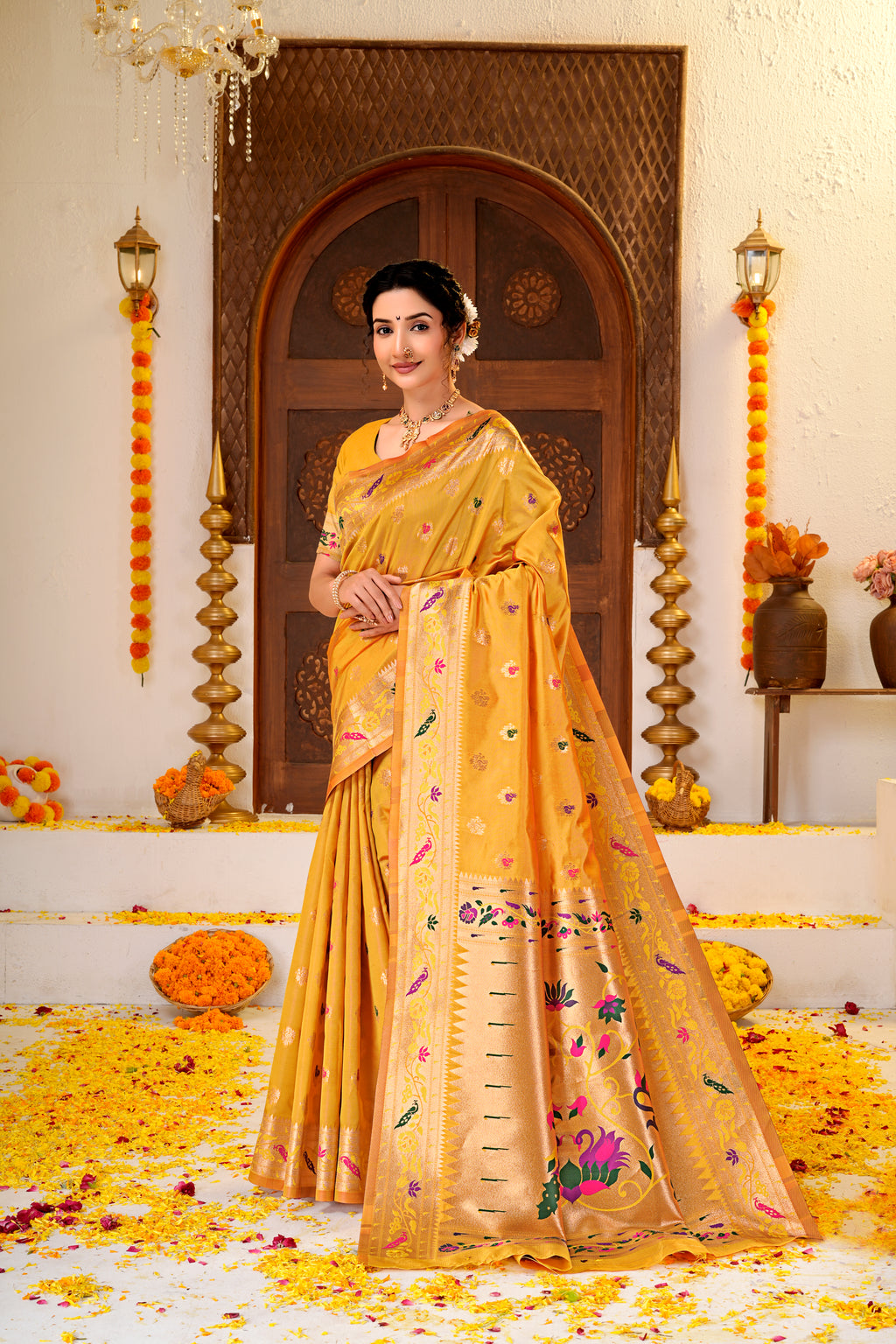 Yellow Silk Woven Paithani Saree With Weaving Zari Work