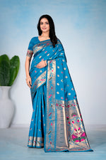 Teal Blue Silk Woven Paithani Saree With Weaving Zari Work