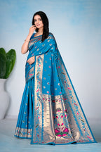 Teal Blue Silk Woven Paithani Saree With Weaving Zari Work
