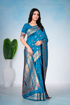 Teal Blue Silk Woven Paithani Saree With Weaving Zari Work