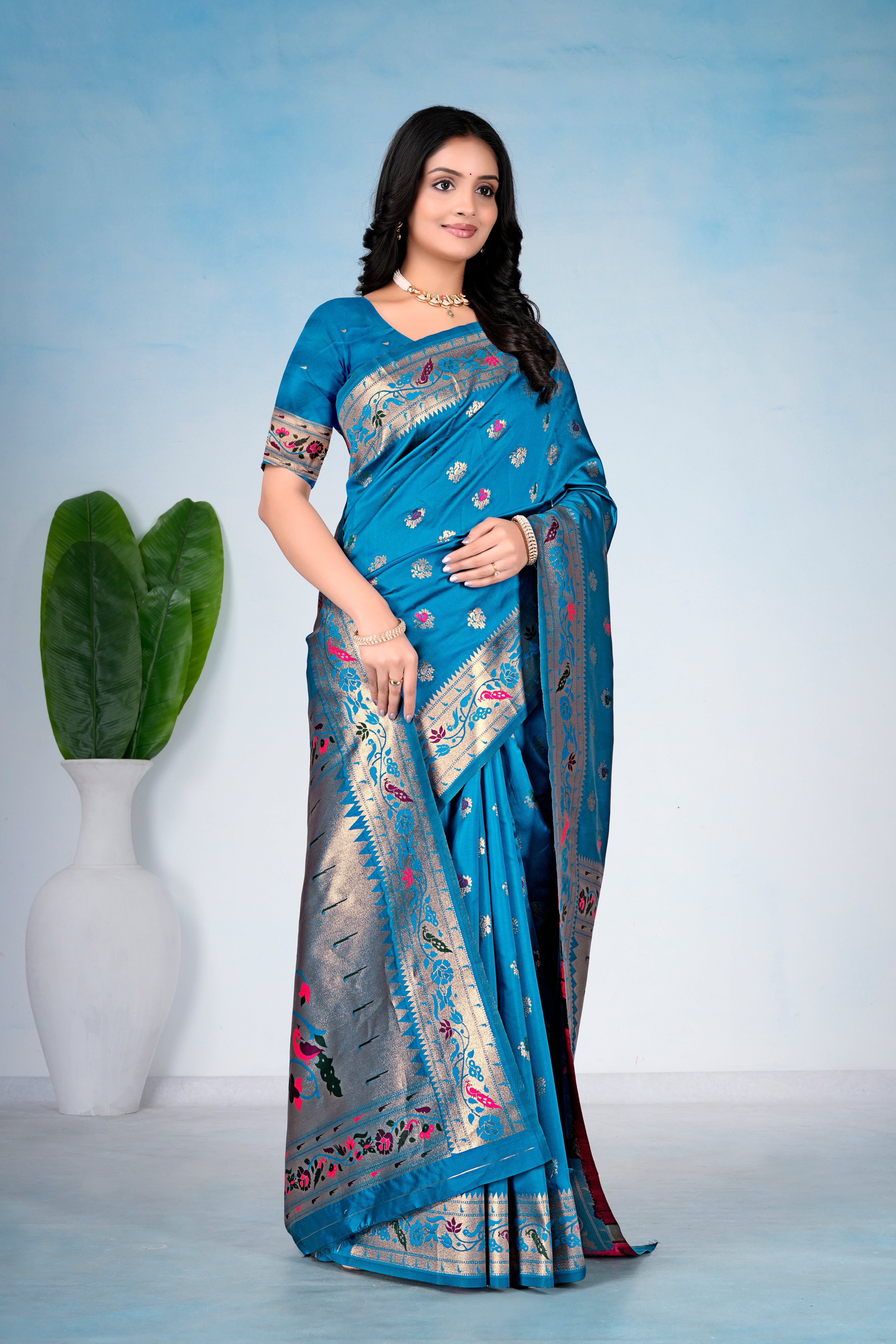 Teal Blue Silk Woven Paithani Saree With Weaving Zari Work