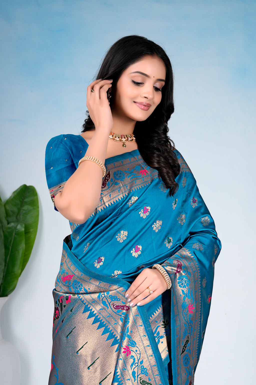 Teal Blue Silk Woven Paithani Saree With Weaving Zari Work