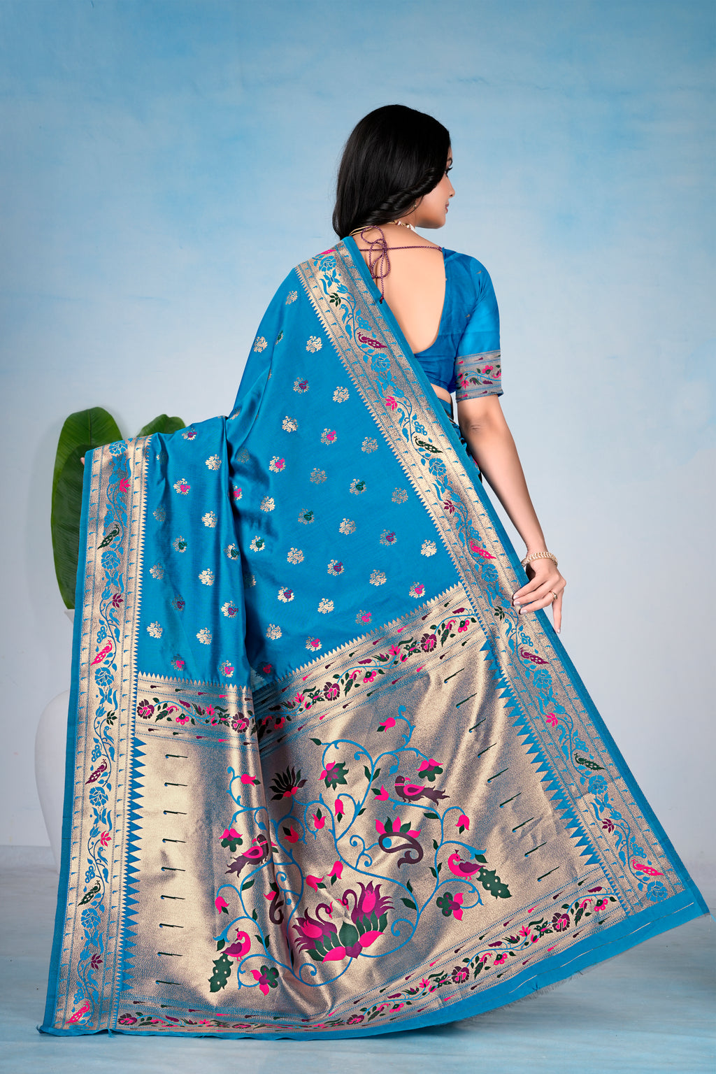 Teal Blue Silk Woven Paithani Saree With Weaving Zari Work