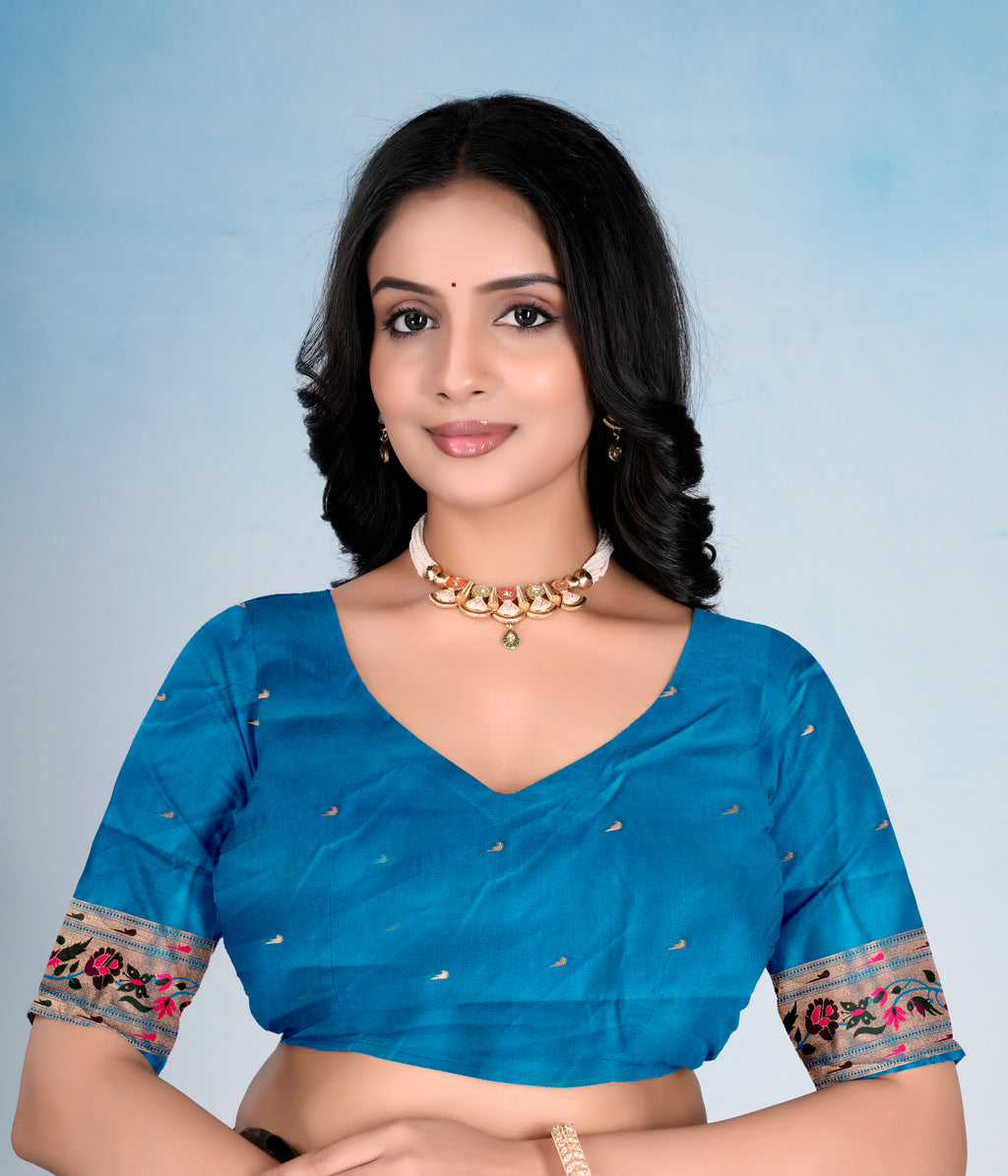 Teal Blue Silk Woven Paithani Saree With Weaving Zari Work