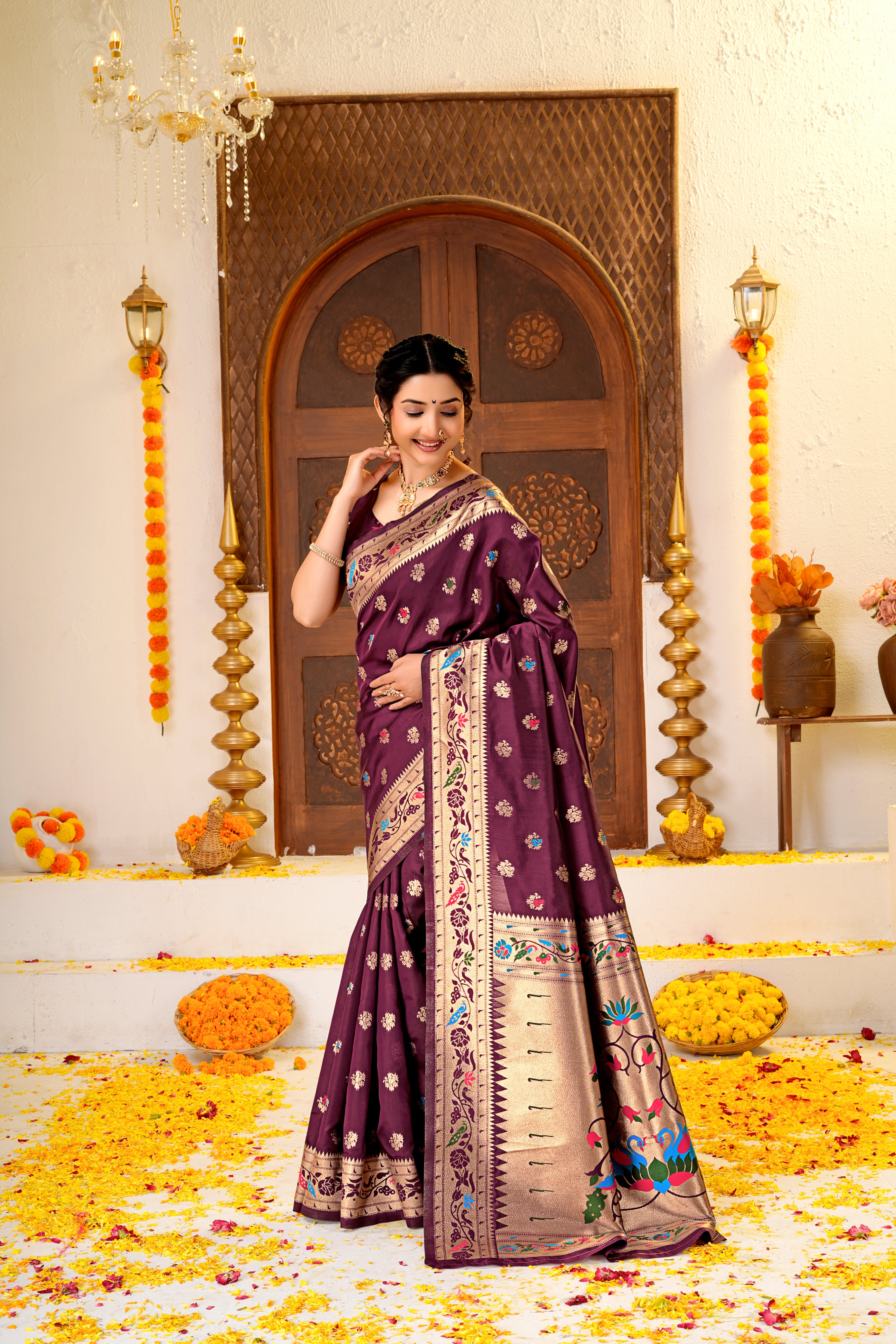 Maroon Silk Woven Paithani Saree With Weaving Zari Work