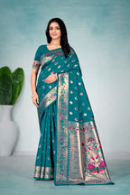 Rama Blue Silk Woven Paithani Saree With Weaving Zari Work