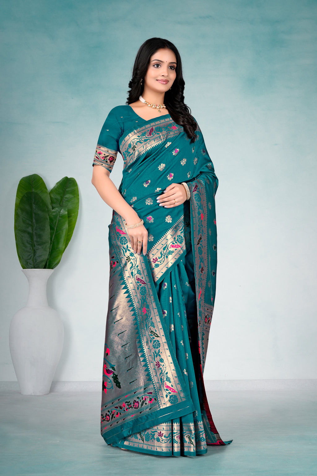 Rama Blue Silk Woven Paithani Saree With Weaving Zari Work