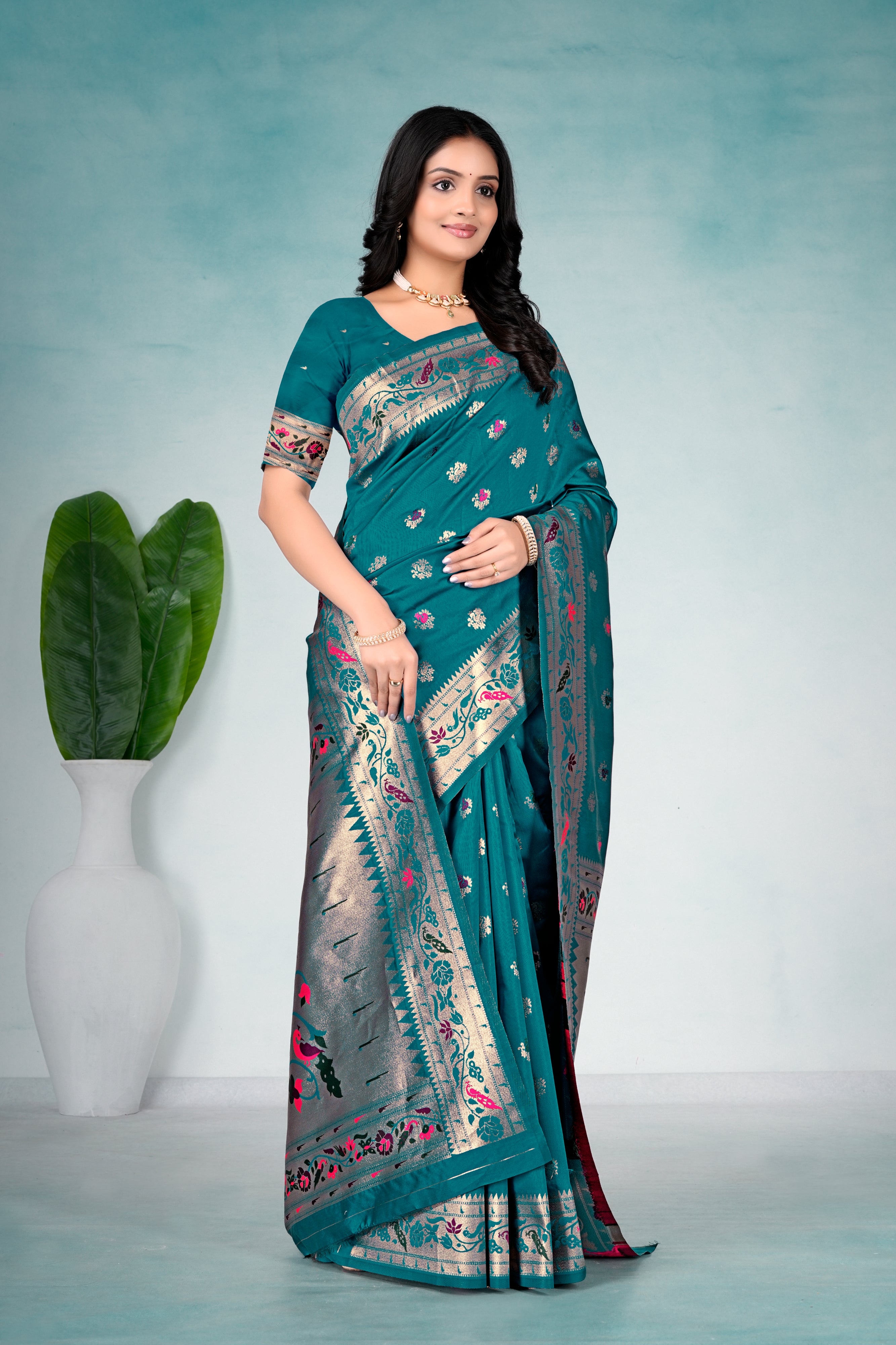 Rama Blue Silk Woven Paithani Saree With Weaving Zari Work