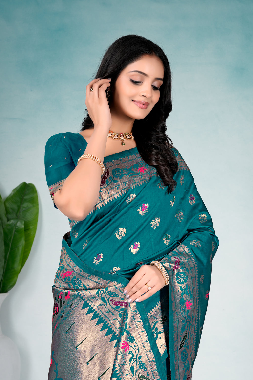 Rama Blue Silk Woven Paithani Saree With Weaving Zari Work