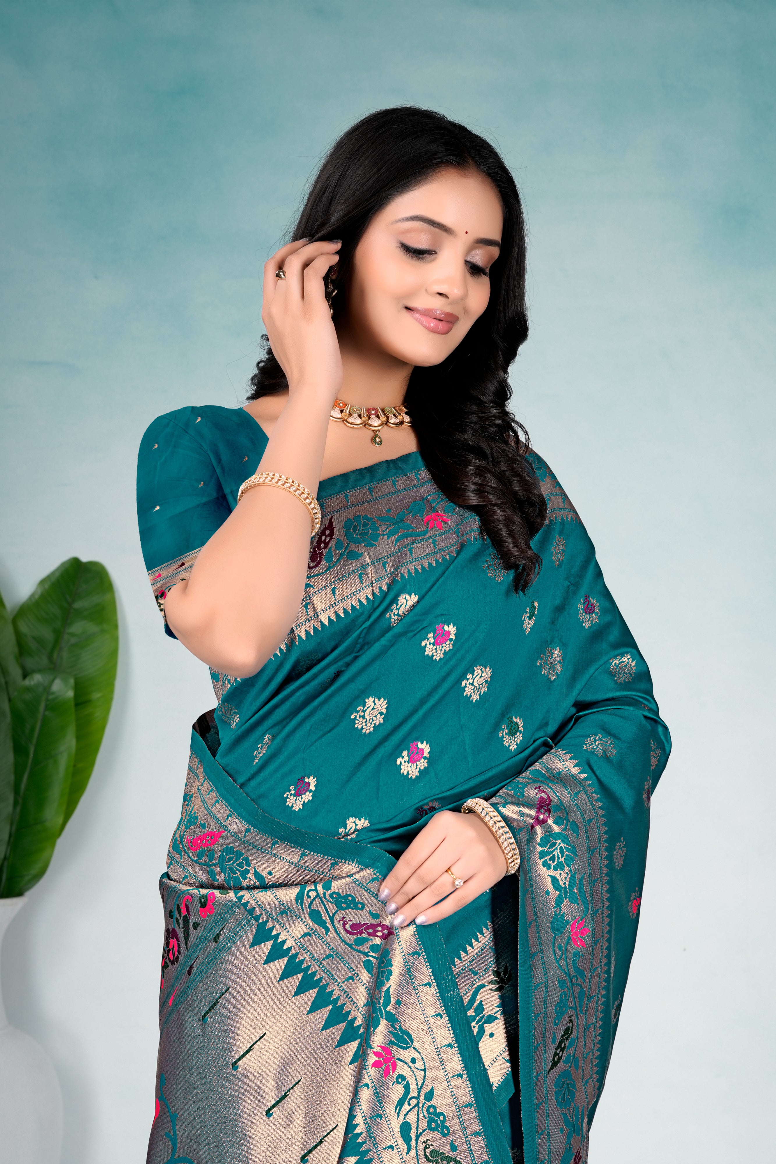 Rama Blue Silk Woven Paithani Saree With Weaving Zari Work