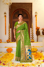GREEN Silk Woven Paithani Saree With Weaving Zari Work