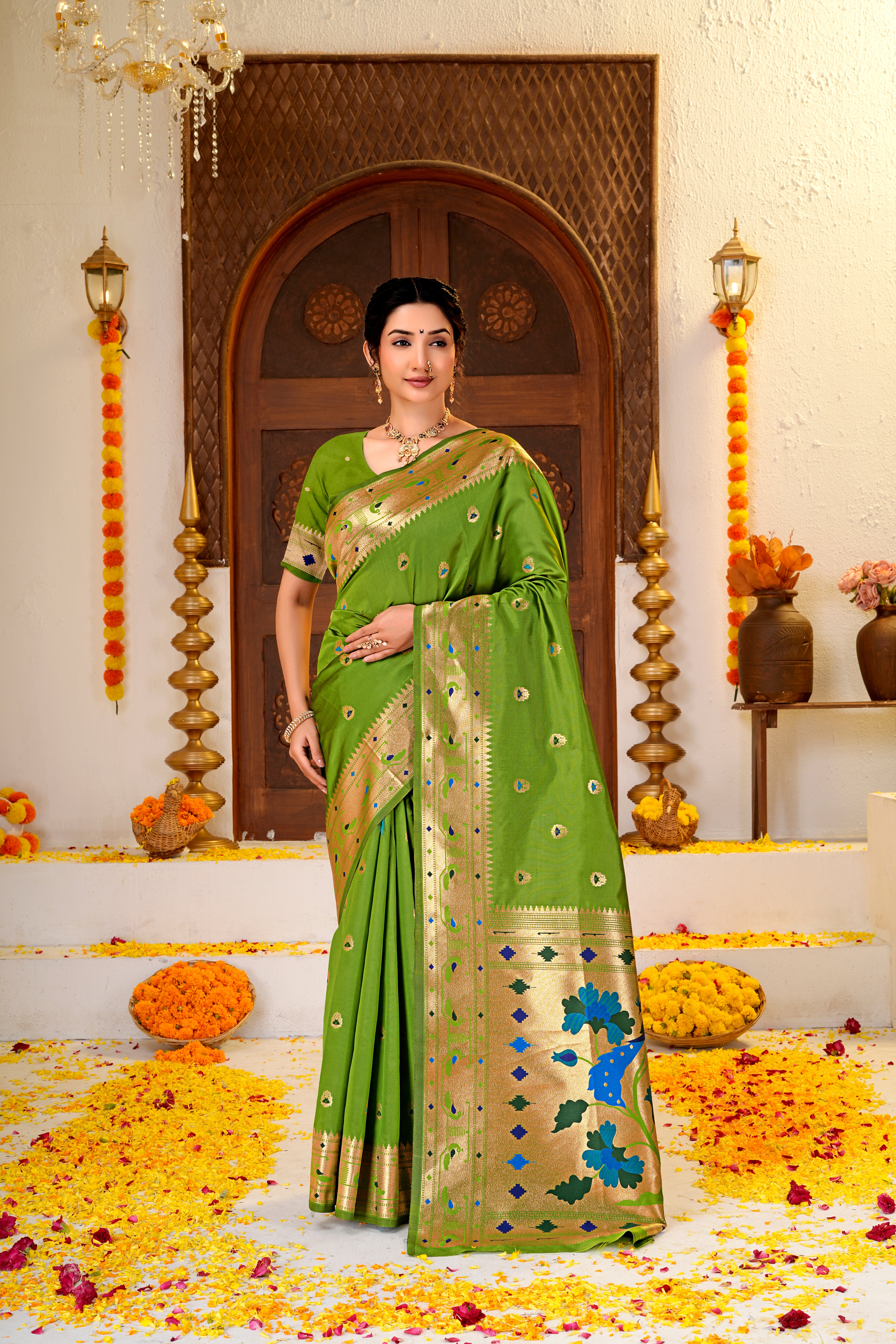 GREEN Silk Woven Paithani Saree With Weaving Zari Work