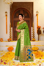 GREEN Silk Woven Paithani Saree With Weaving Zari Work