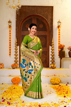 GREEN Silk Woven Paithani Saree With Weaving Zari Work