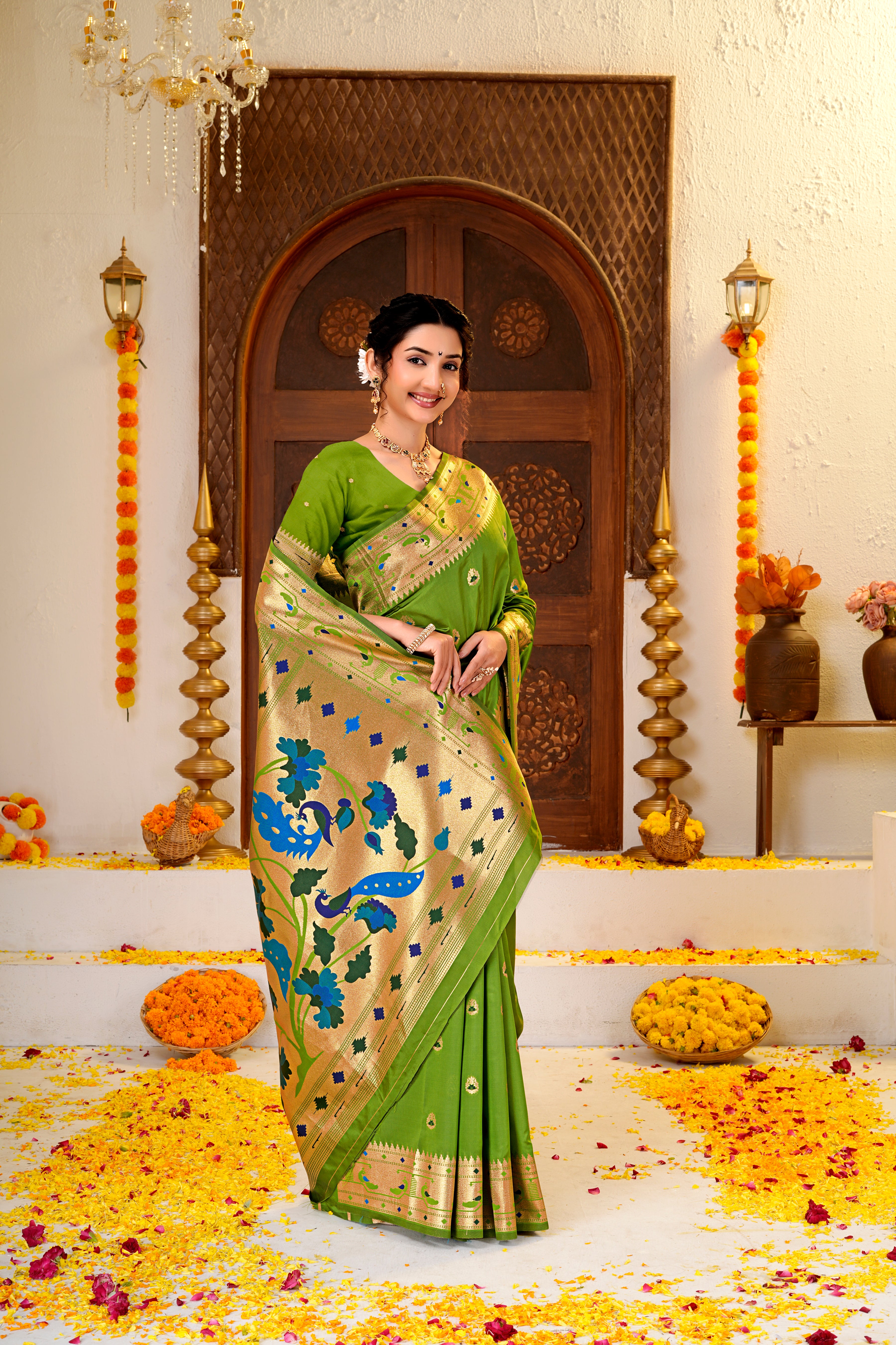 GREEN Silk Woven Paithani Saree With Weaving Zari Work
