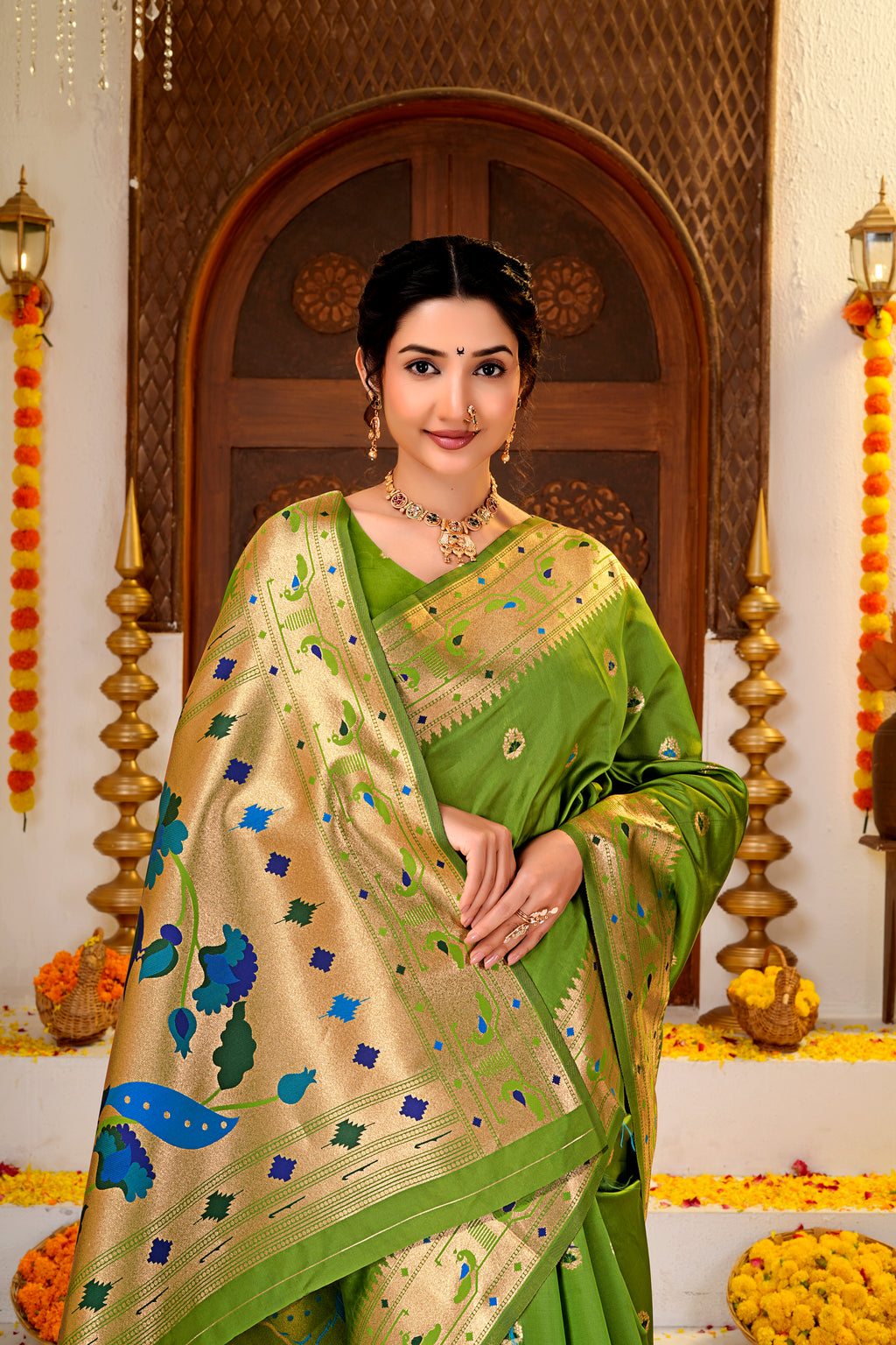 GREEN Silk Woven Paithani Saree With Weaving Zari Work