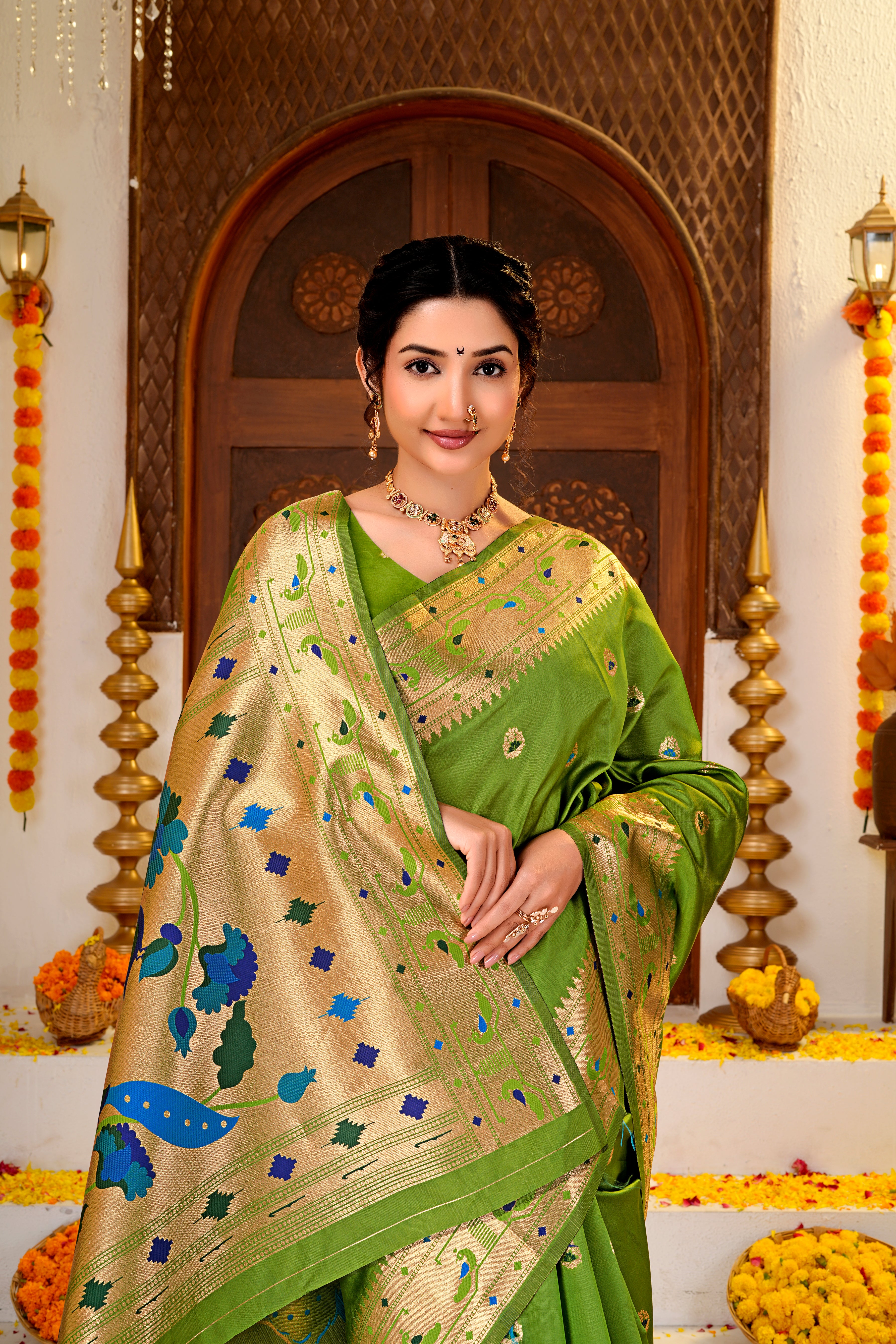 GREEN Silk Woven Paithani Saree With Weaving Zari Work