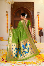 GREEN Silk Woven Paithani Saree With Weaving Zari Work