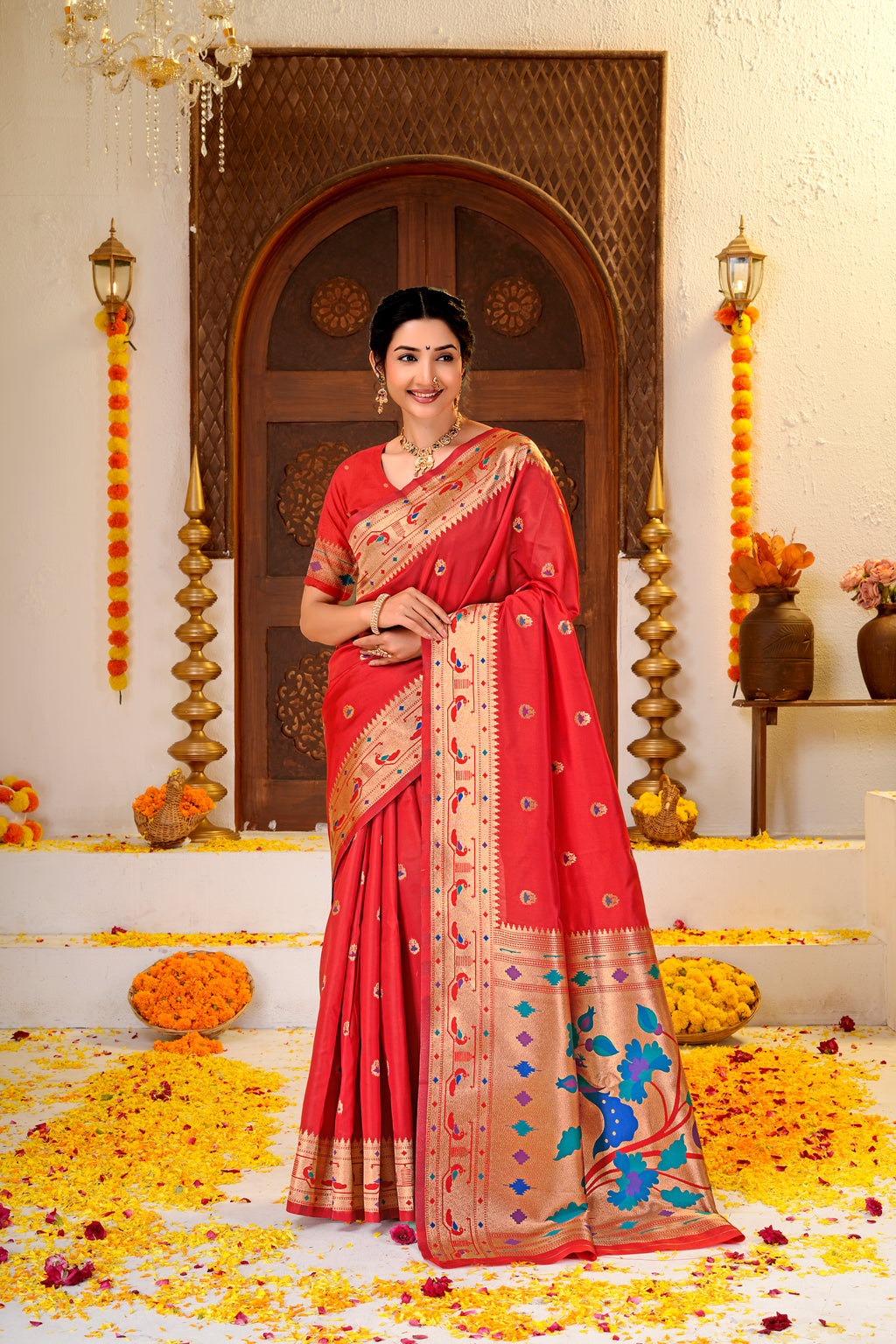 Red Silk Woven Paithani Saree With Weaving Zari Work