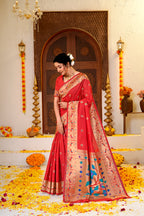 Red Silk Woven Paithani Saree With Weaving Zari Work