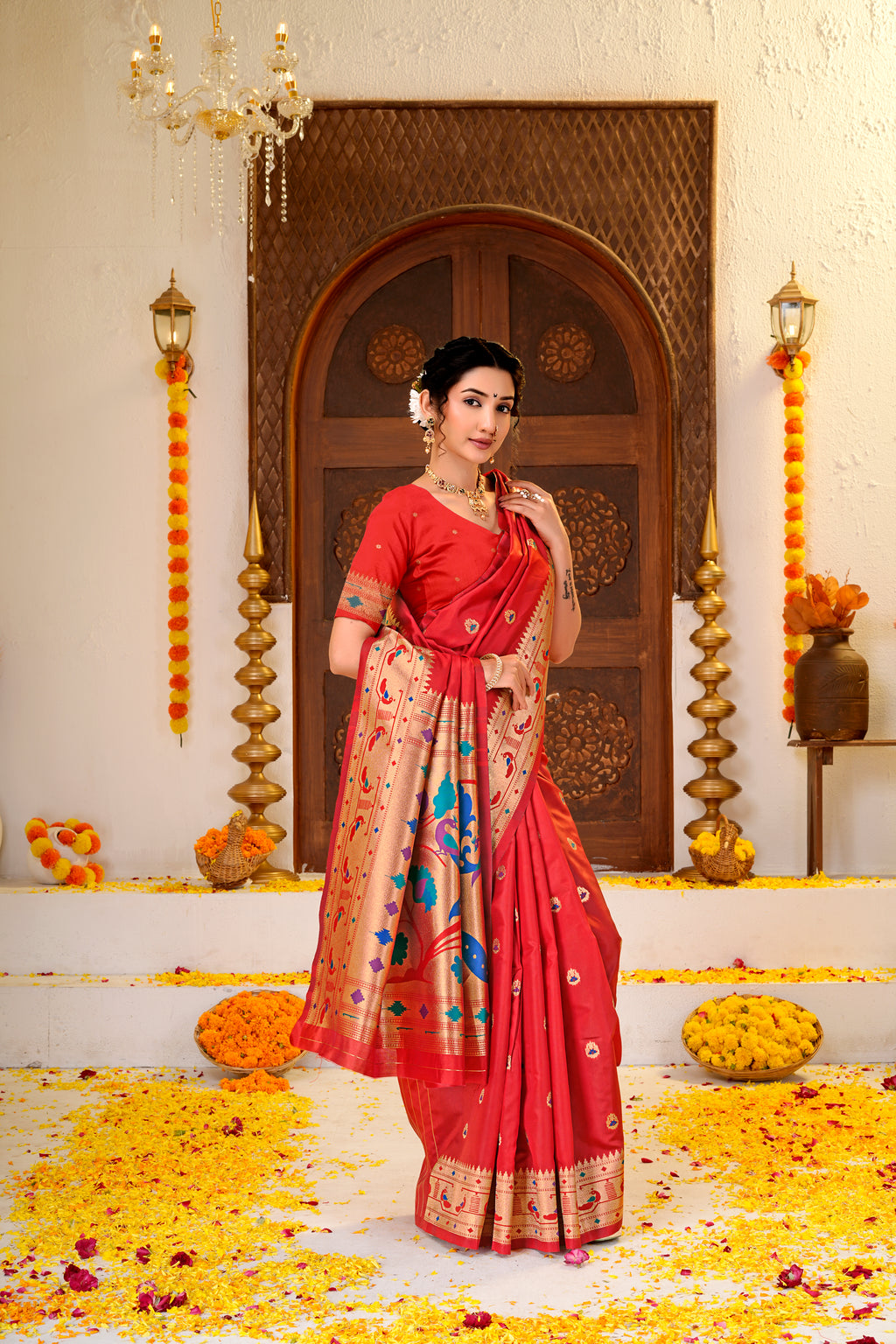 Red Silk Woven Paithani Saree With Weaving Zari Work