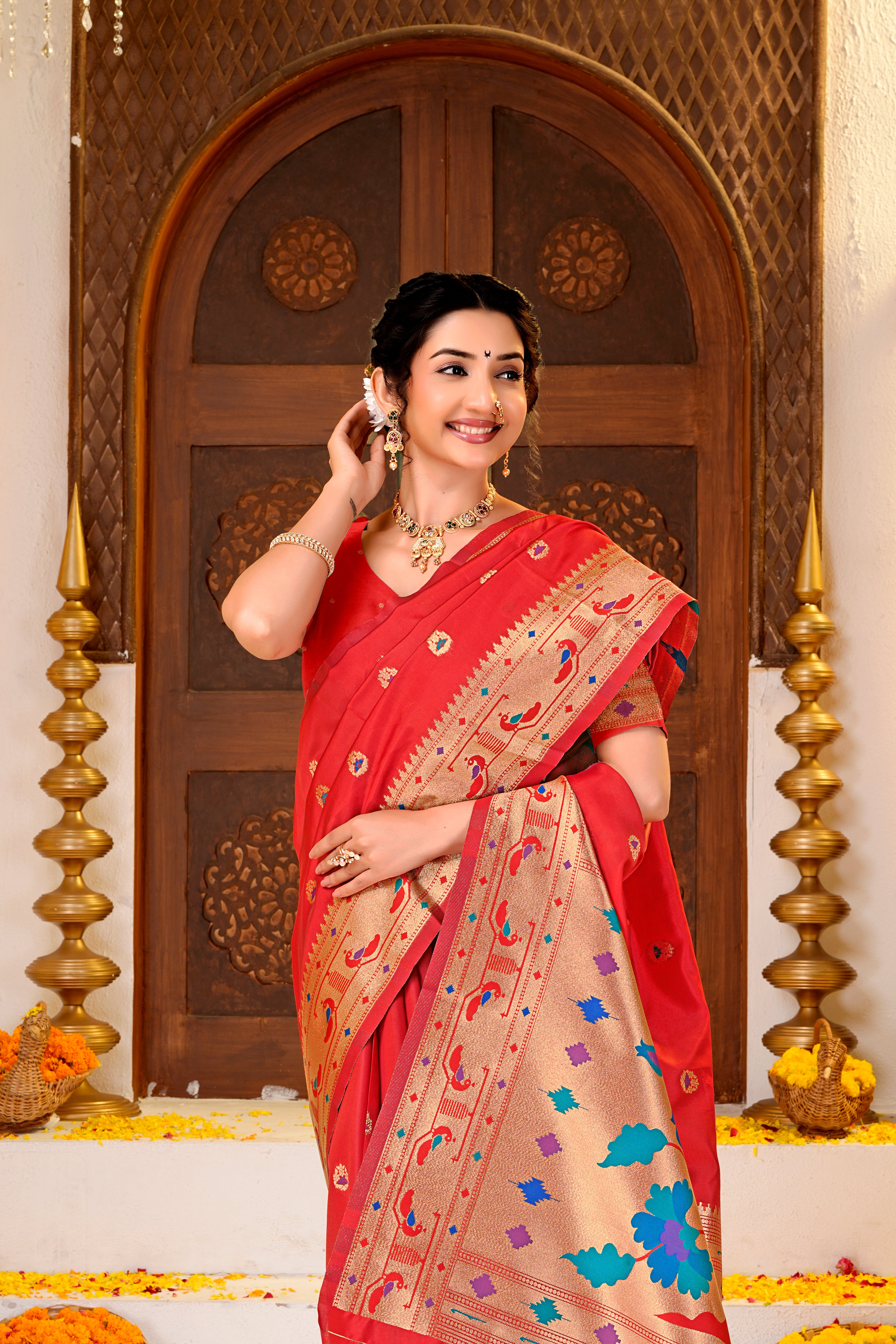 Red Silk Woven Paithani Saree With Weaving Zari Work
