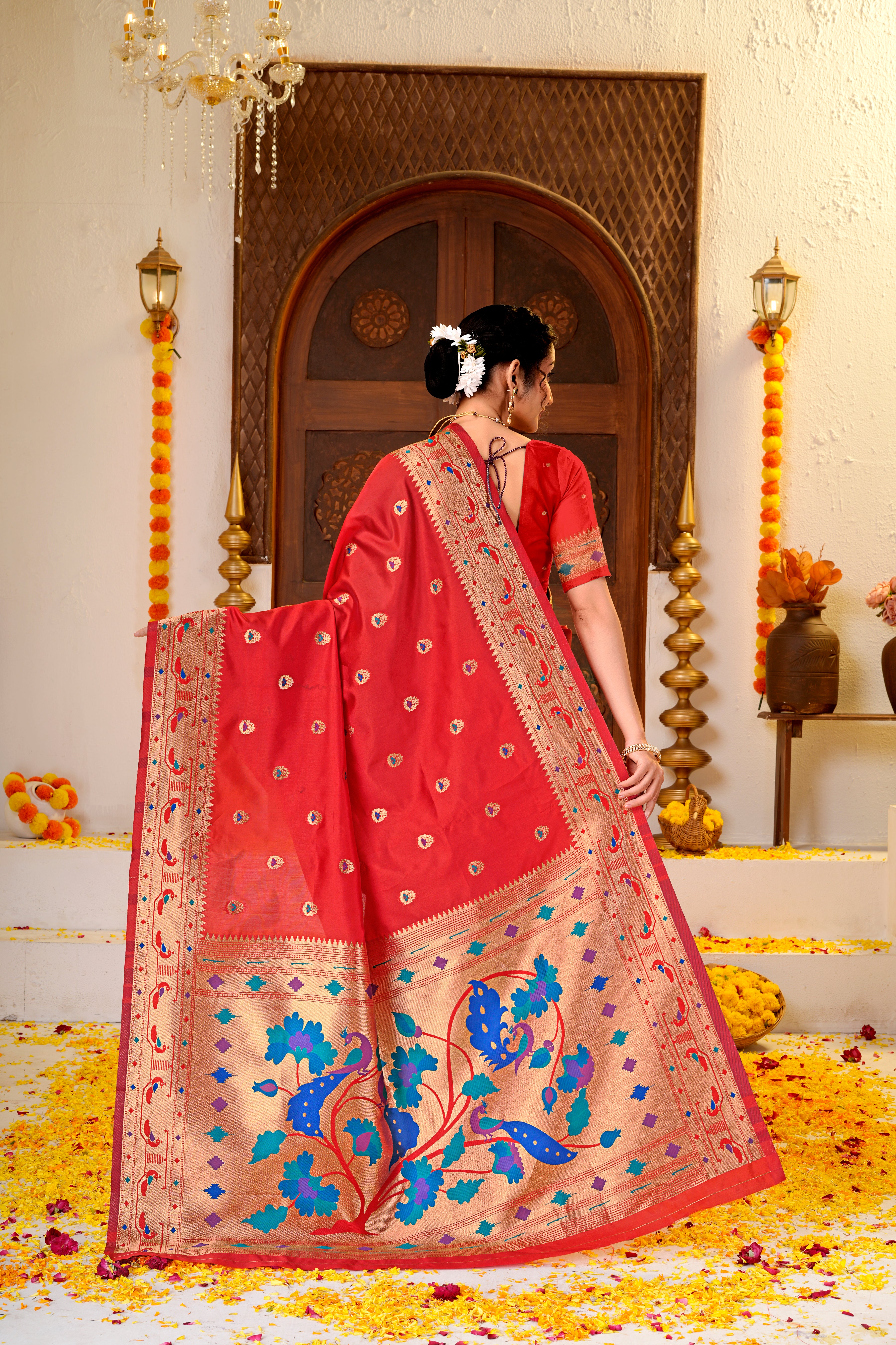 Red Silk Woven Paithani Saree With Weaving Zari Work
