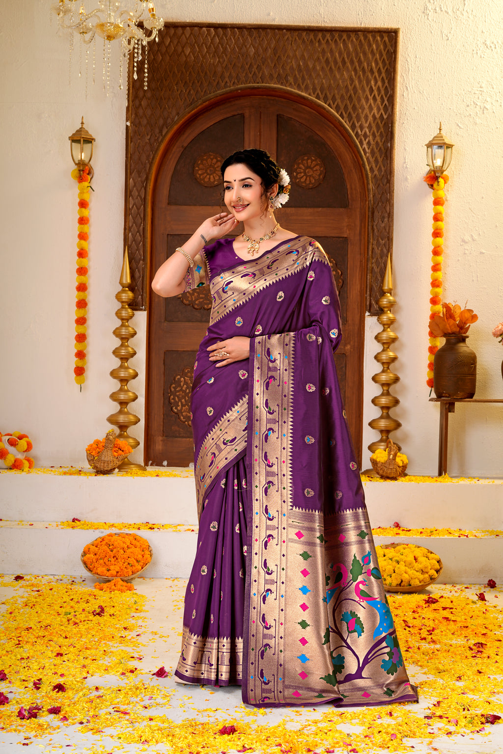 Dark PurpleSilk Woven Paithani Saree With Weaving Zari Work