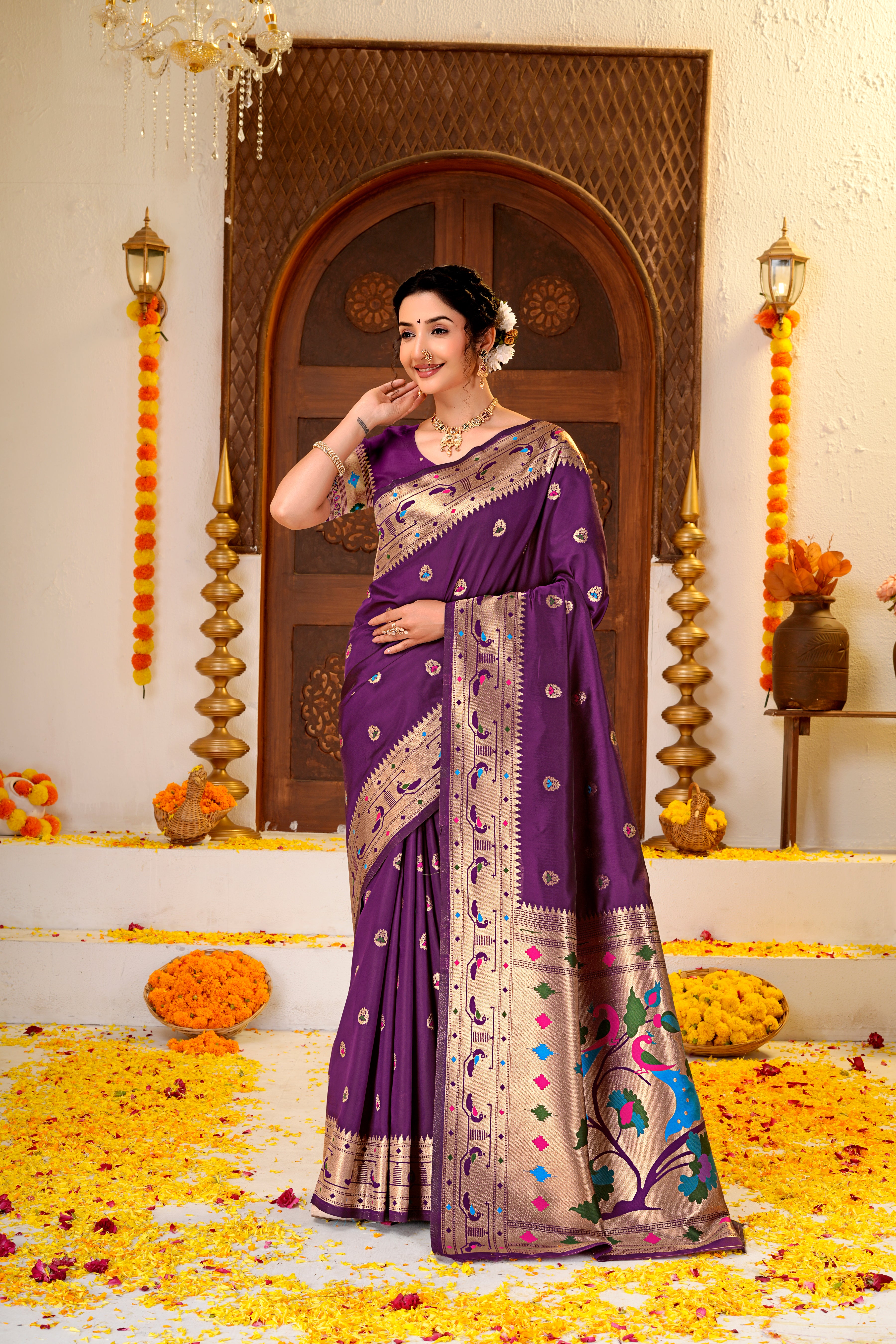 Dark PurpleSilk Woven Paithani Saree With Weaving Zari Work
