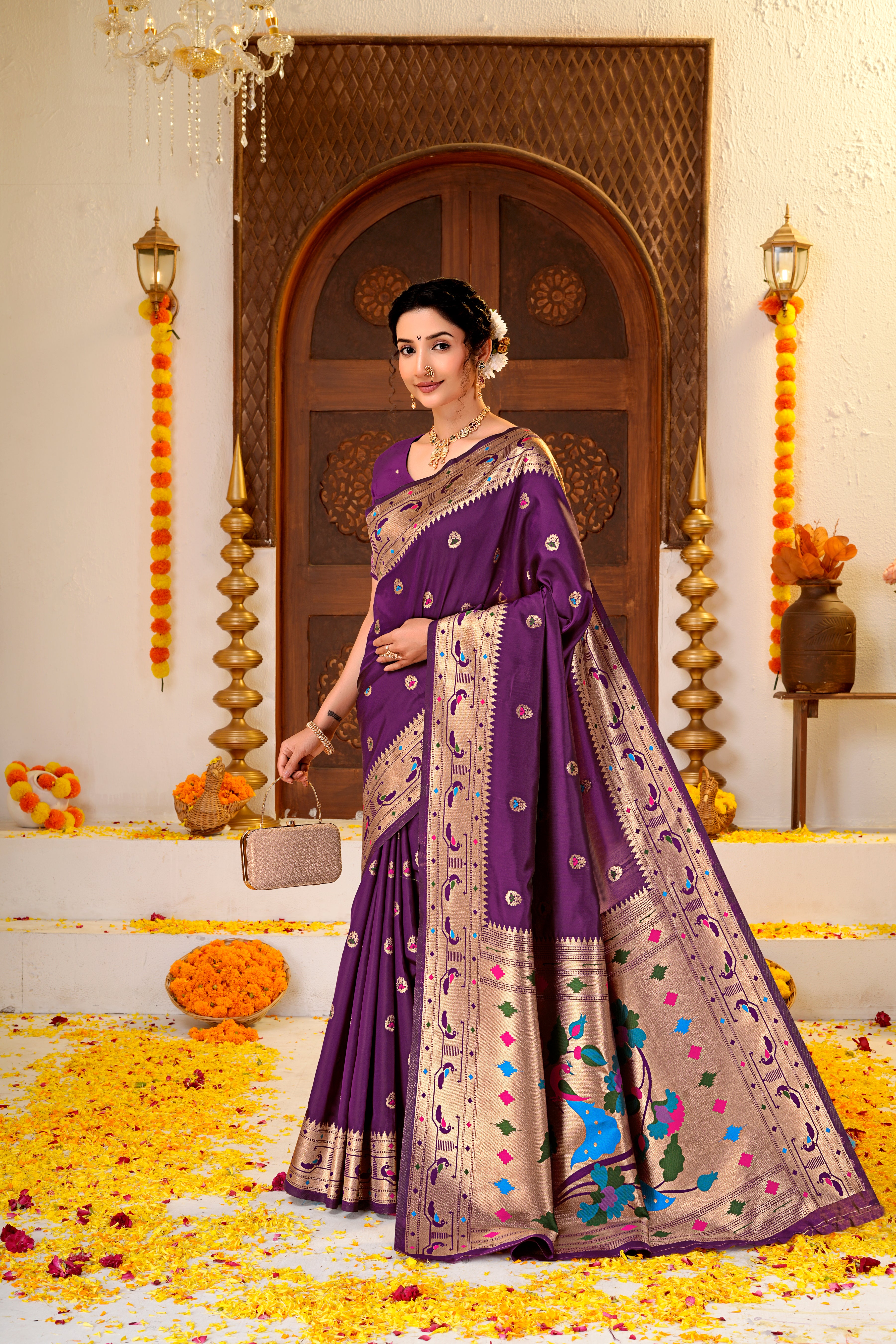 Dark PurpleSilk Woven Paithani Saree With Weaving Zari Work