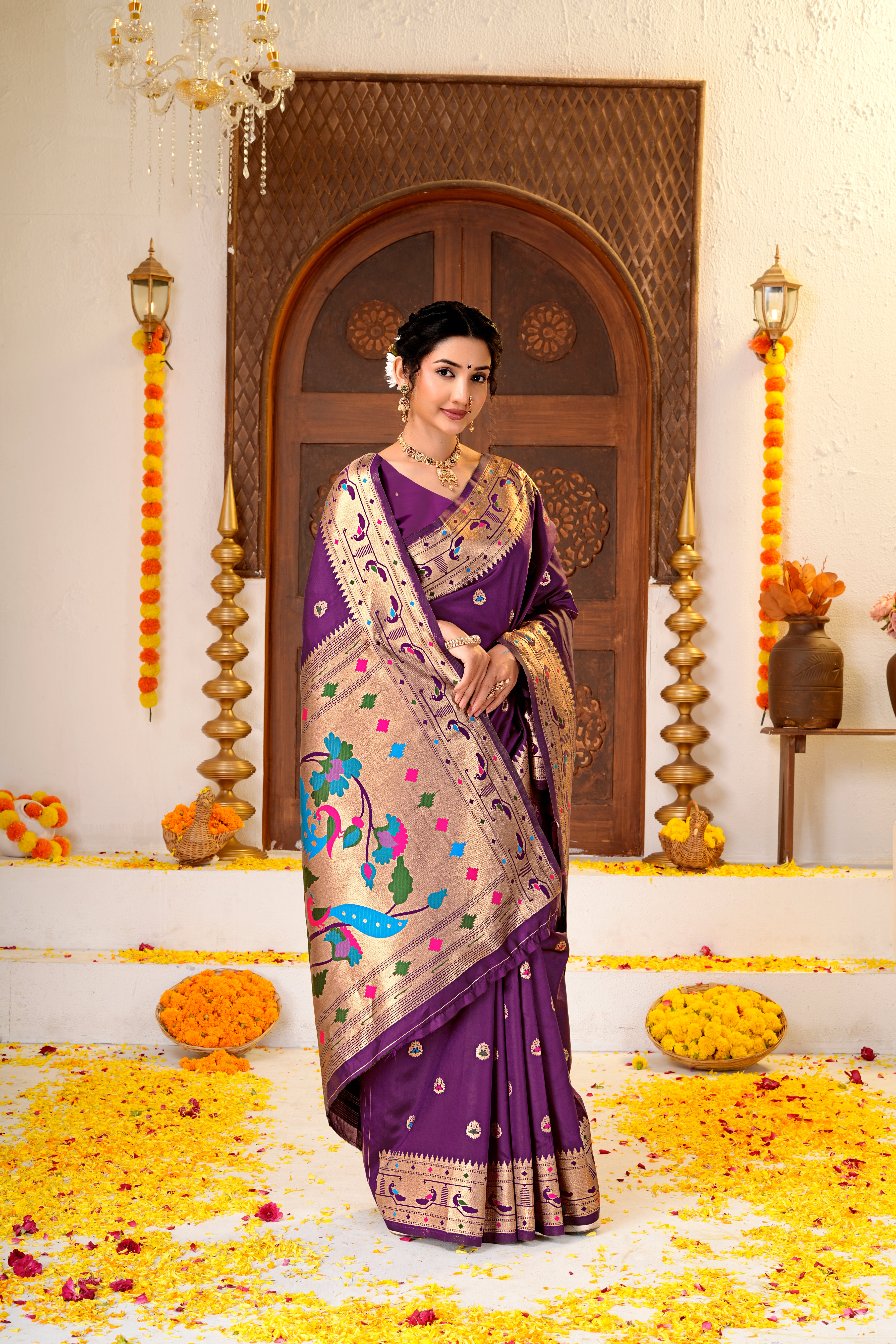 Dark PurpleSilk Woven Paithani Saree With Weaving Zari Work