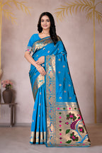 Teal Blue Silk Woven Paithani Saree With Weaving Zari Work