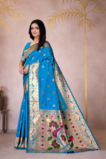 Teal Blue Silk Woven Paithani Saree With Weaving Zari Work