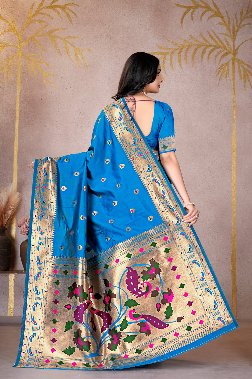 Teal Blue Silk Woven Paithani Saree With Weaving Zari Work