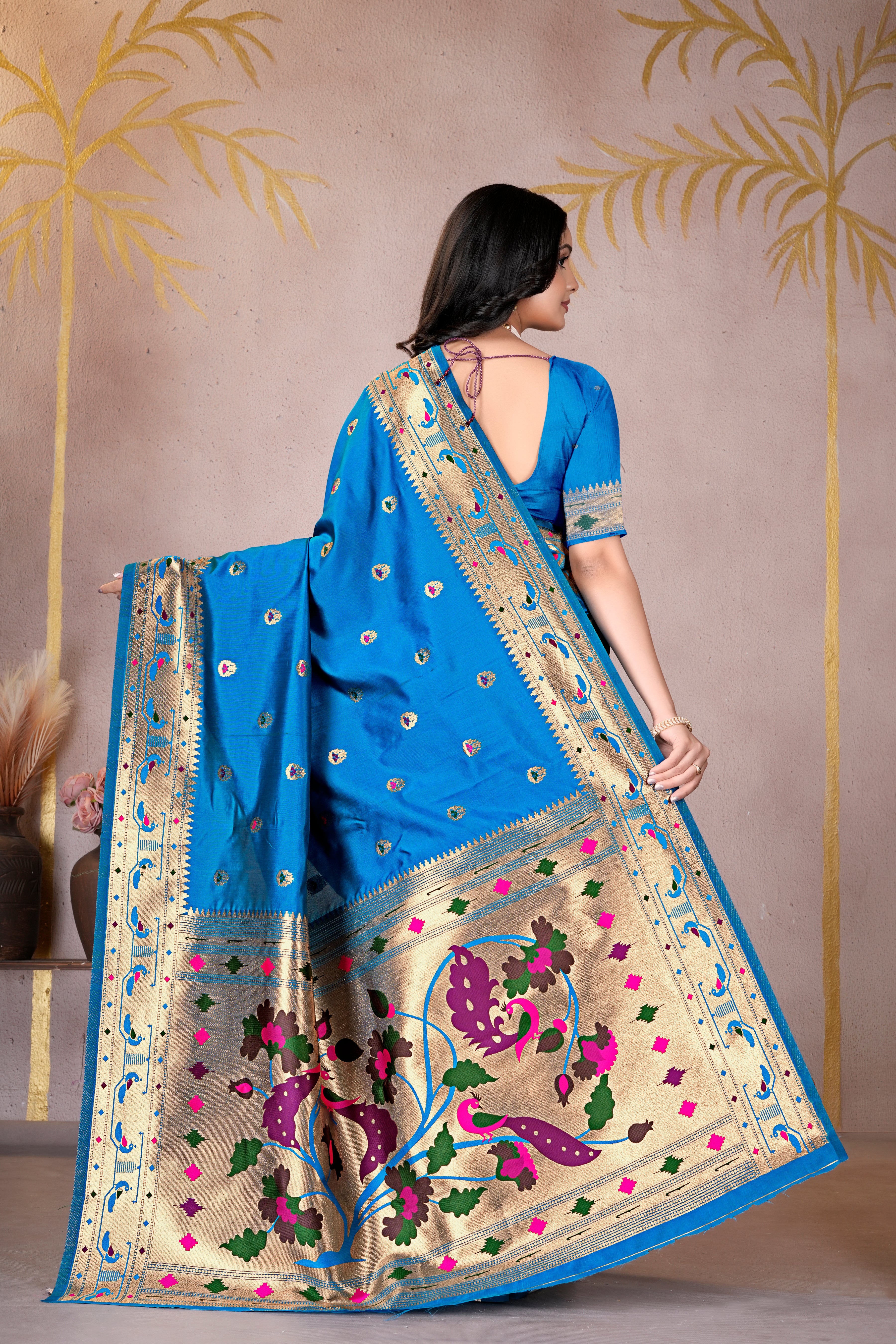 Teal Blue Silk Woven Paithani Saree With Weaving Zari Work