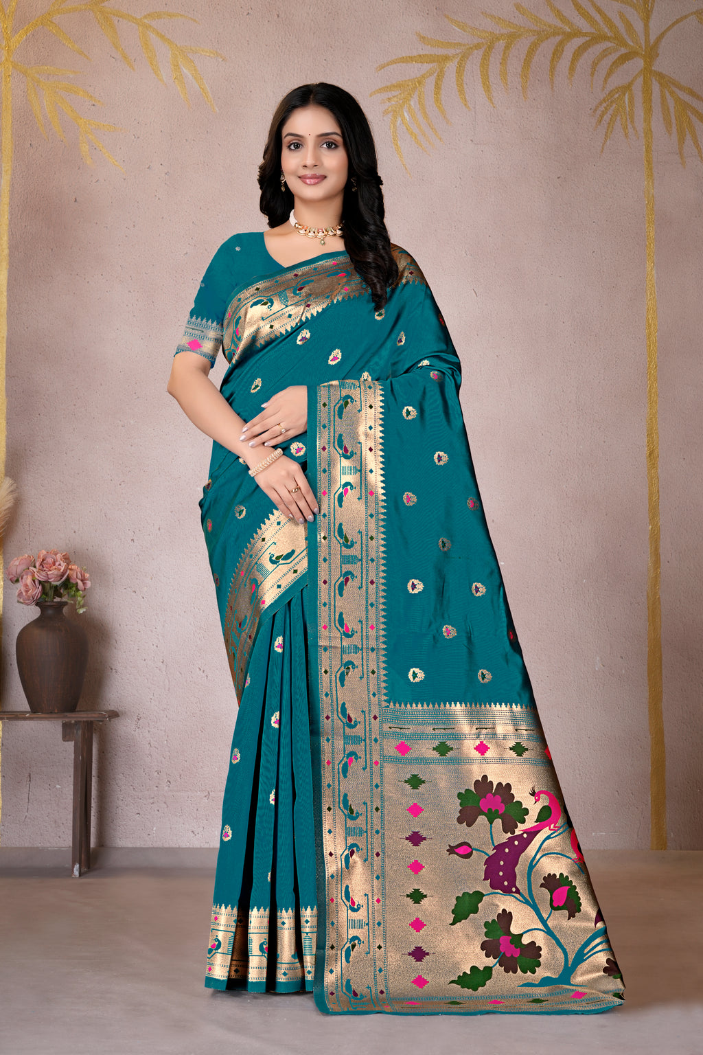 Rama Blue Silk Woven Paithani Saree With Weaving Zari Work
