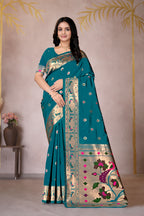 Rama Blue Silk Woven Paithani Saree With Weaving Zari Work
