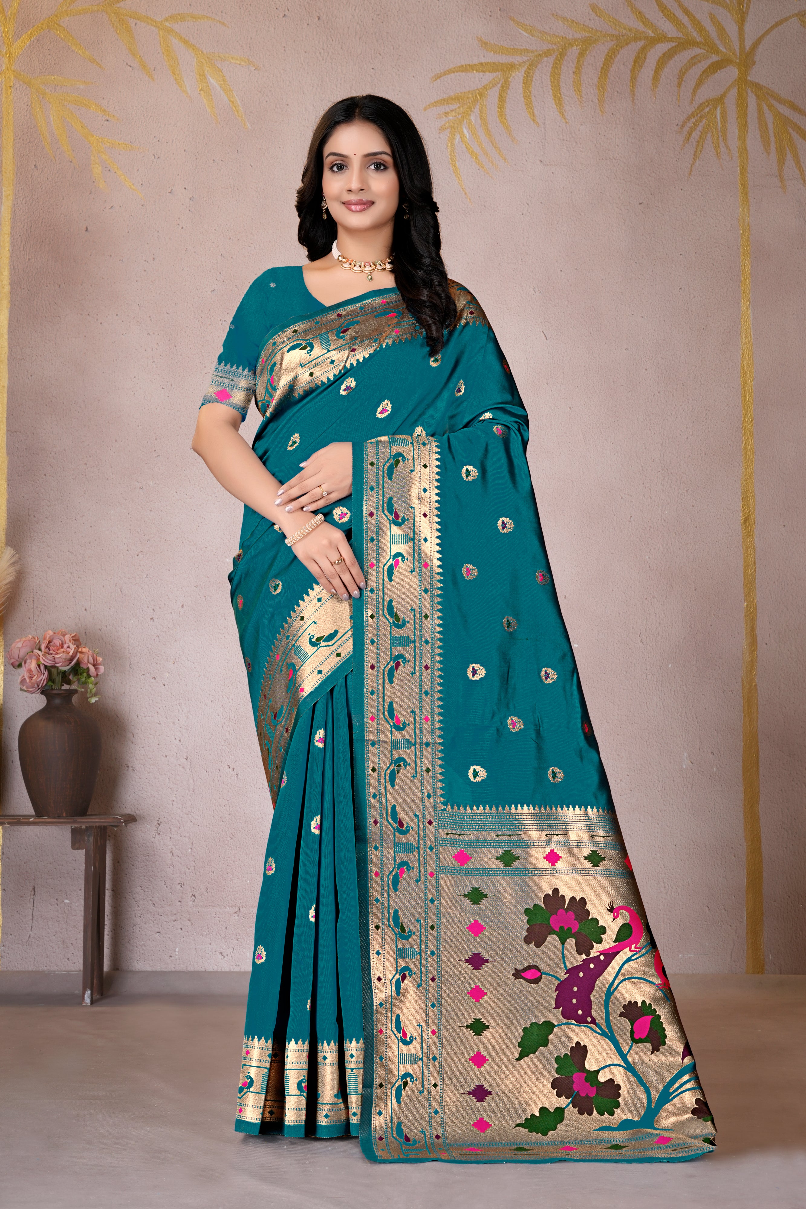 Rama Blue Silk Woven Paithani Saree With Weaving Zari Work
