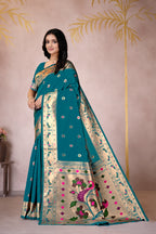 Rama Blue Silk Woven Paithani Saree With Weaving Zari Work