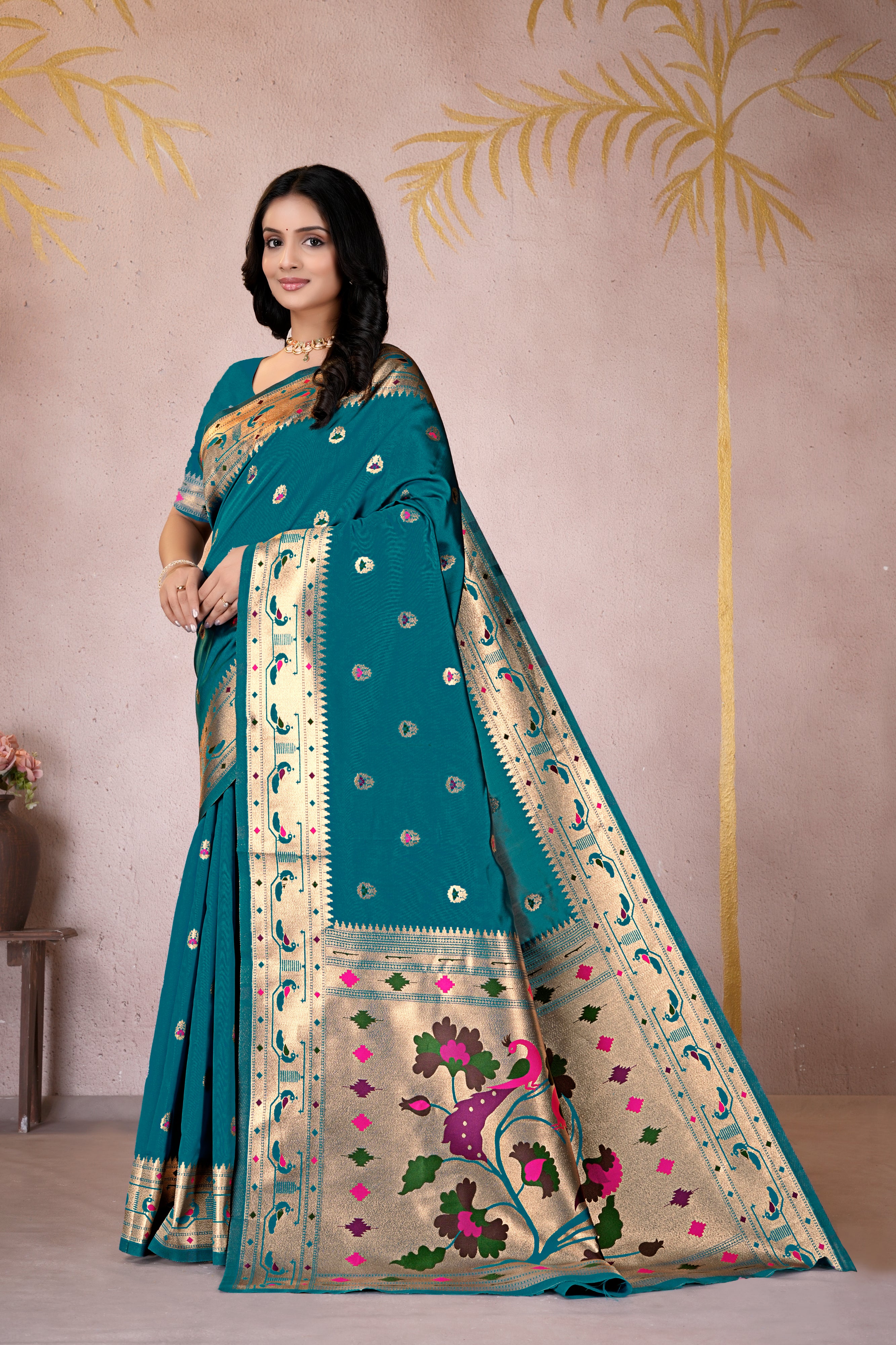 Rama Blue Silk Woven Paithani Saree With Weaving Zari Work