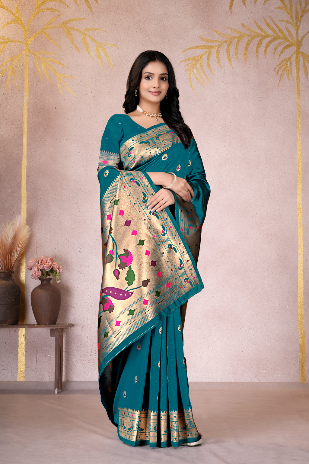 Rama Blue Silk Woven Paithani Saree With Weaving Zari Work