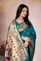 Rama Blue Silk Woven Paithani Saree With Weaving Zari Work