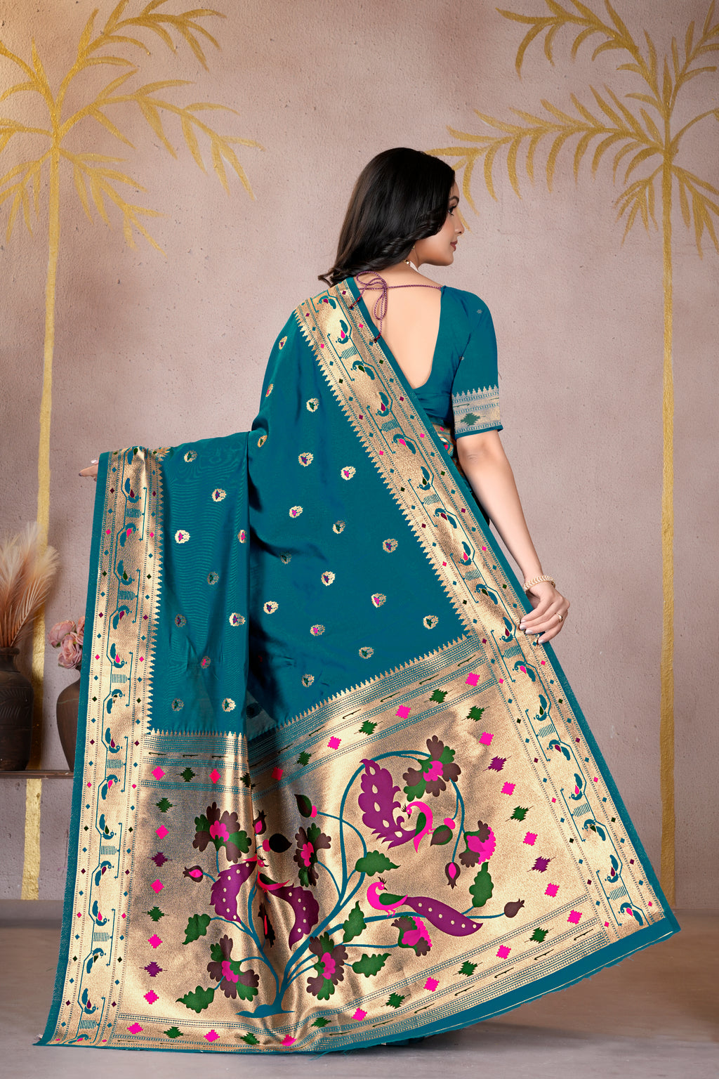 Rama Blue Silk Woven Paithani Saree With Weaving Zari Work