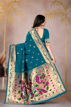 Rama Blue Silk Woven Paithani Saree With Weaving Zari Work