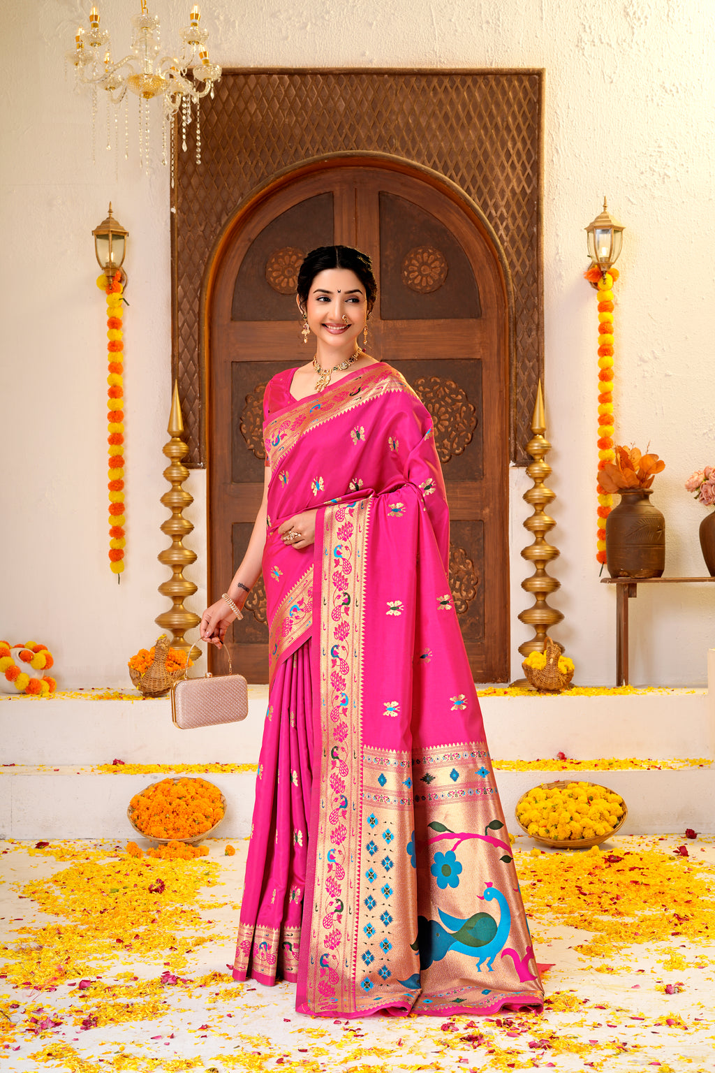 Pink Silk Woven Paithani Saree With Weaving Zari Work